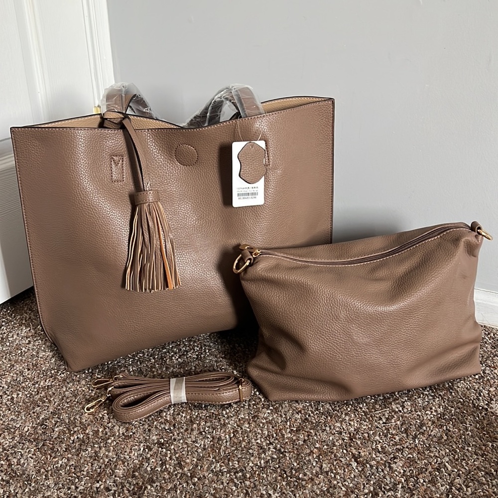 Women Faux Leather Multi Shoulder Bag W/ Small Pouch 2Pcs!